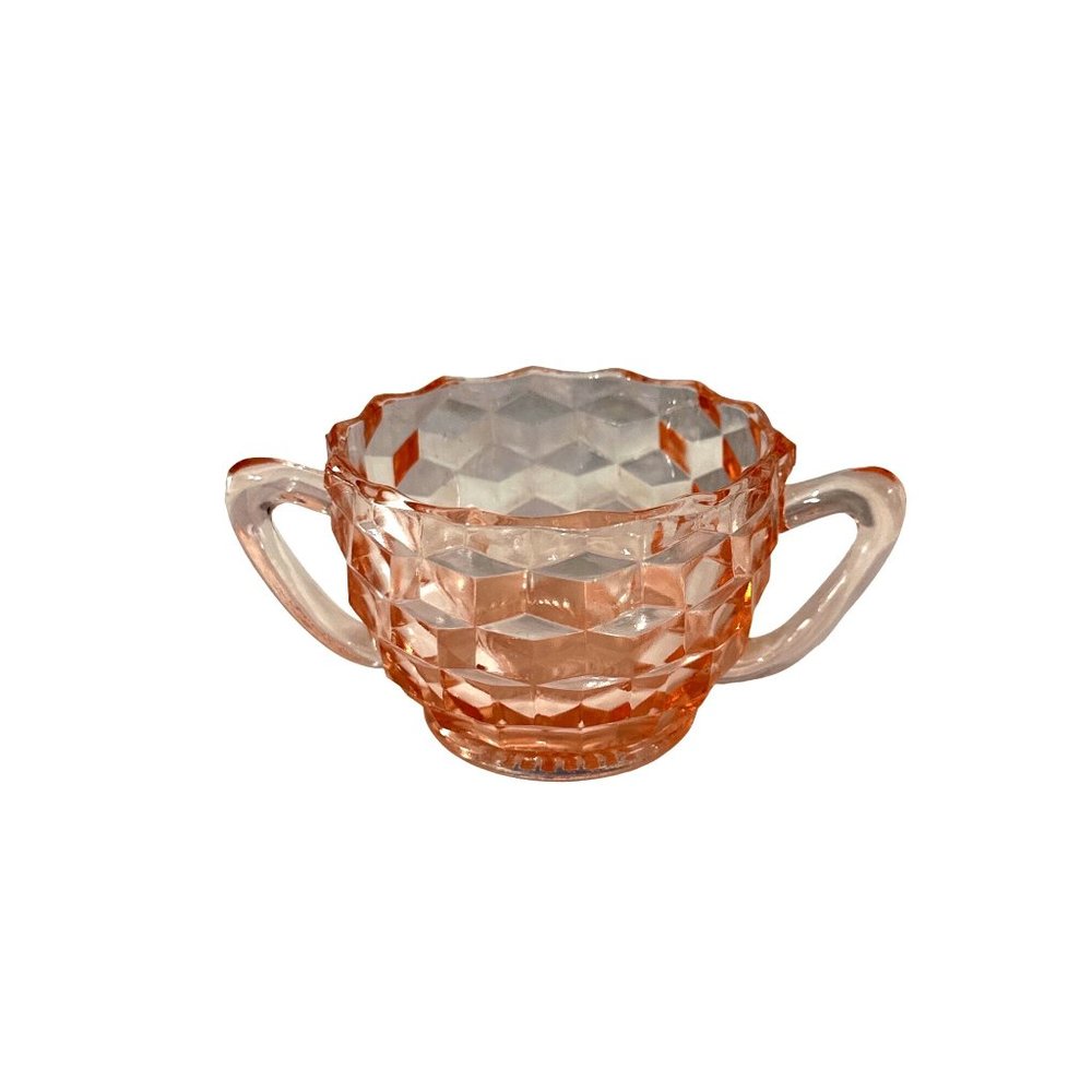 Vintage Jeannette Cubist Cube depression glass pink double handled open sugar bo